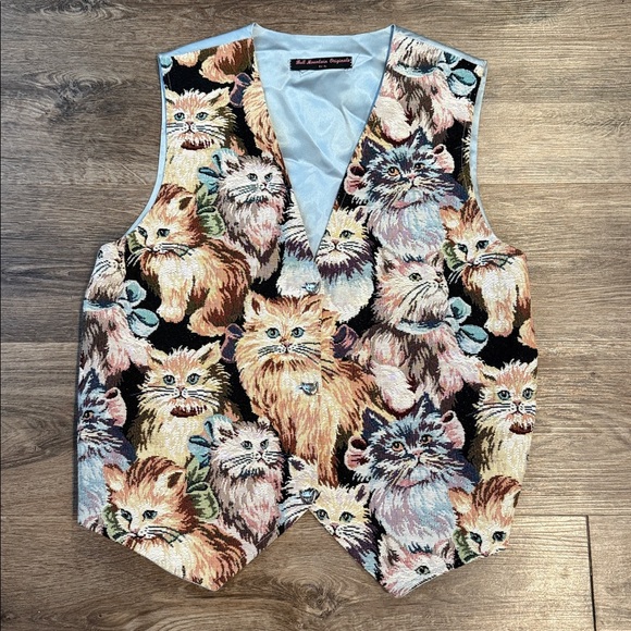 Vintage Jackets & Blazers - Vintage Tapestry Cat Vest 80s 90s Novelty Size M